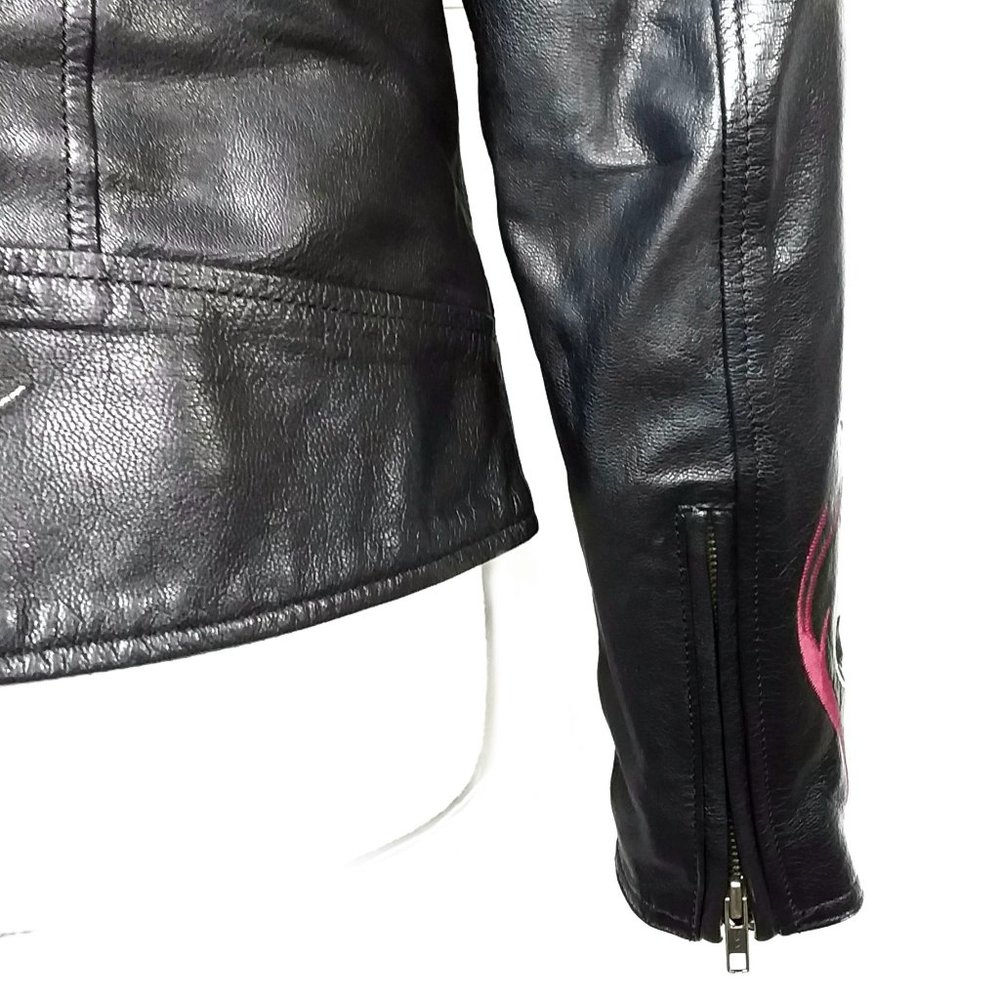 Harley Davidson Black Leather Moto Jacket Embroidered Logo Rose Size Medium - Picture 9 of 12